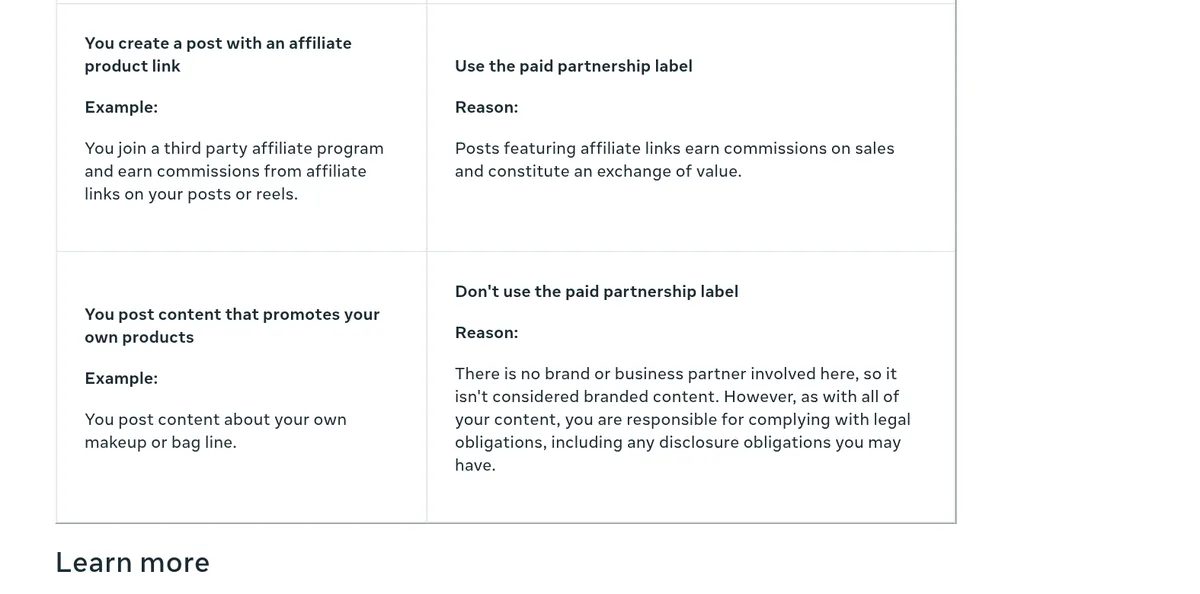 Meta Business Help Center table: if you create a post with an affiliate product link, use the paid partnership label, because posts with affiliate links earn commissions and are an exchange of value