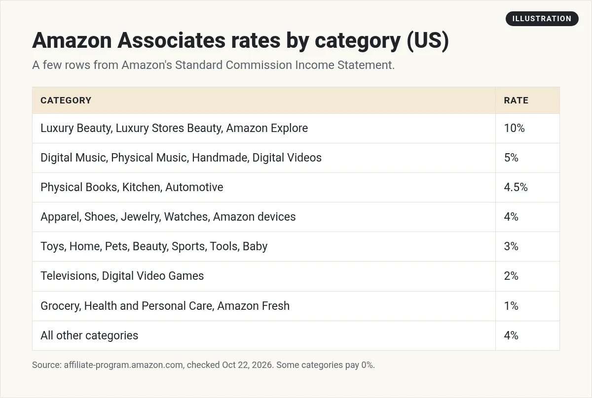 Illustration: table of Amazon Associates US rates by category, from 10% for Luxury Beauty to 1% for Grocery, and 4% for all other categories