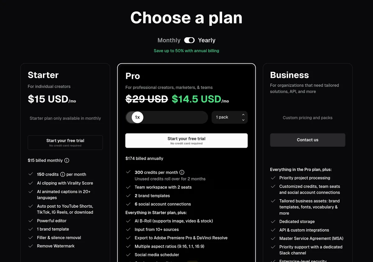 OpusClip pricing page with Yearly selected: Starter $15 a month monthly only, Pro $14.50 a month billed $174 yearly instead of $29, and Business custom