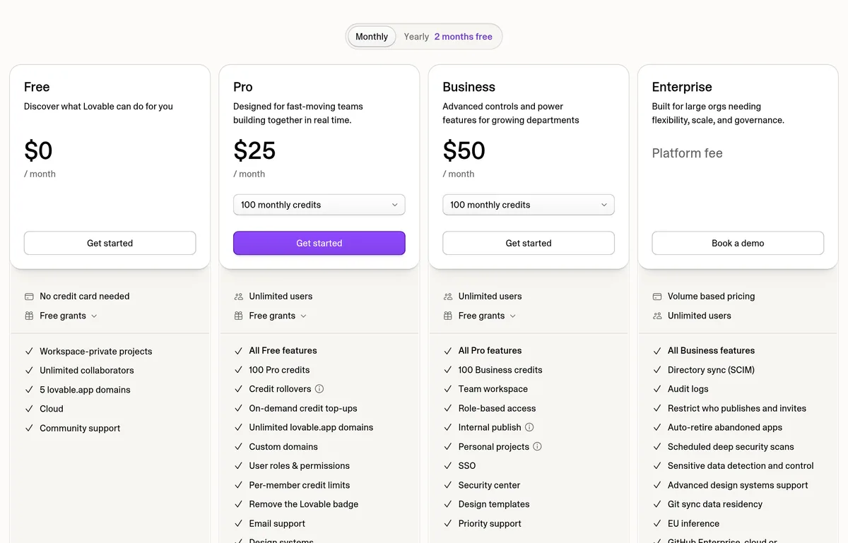 Lovable pricing page showing the Free plan at $0, Pro at $25 a month, and Business at $50 a month