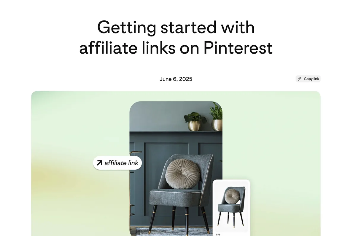Pinterest Create blog post Getting started with affiliate links on Pinterest, with a Pin image showing an affiliate link tag