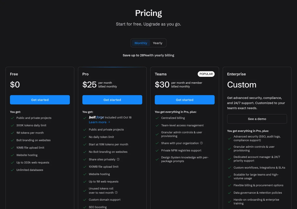 Bolt pricing page showing Free at $0, Pro at $25 a month, Teams at $30 per member, and Enterprise
