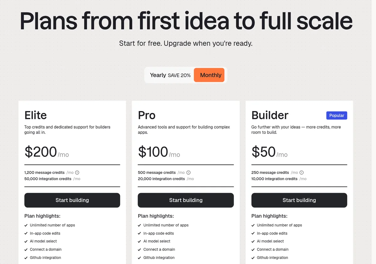 Base44 pricing page with monthly billing selected, showing paid plans and their monthly message credits