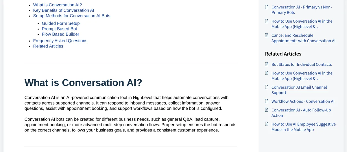 HighLevel help article section What is Conversation AI, describing a tool that answers messages, collects information, and helps book appointments