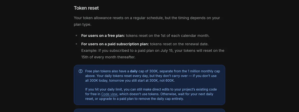 Bolt help center: free plan tokens reset on the 1st of each month, paid plan tokens reset on the renewal date, and free plans have a 300K daily cap