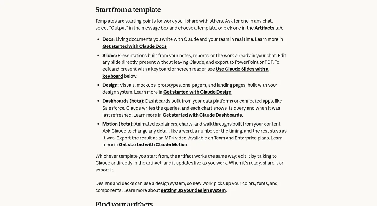 Claude help article section Start from a template, listing Docs, Slides, Design, Dashboards (beta), and Motion (beta)