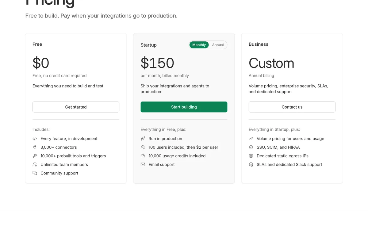 Pipedream pricing page: Free $0, Startup $150 per month billed monthly, and Business custom