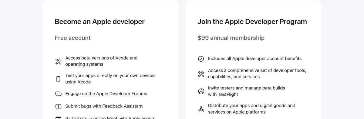 Apple Developer page comparing a free Apple developer account with the Apple Developer Program at a $99 annual membership