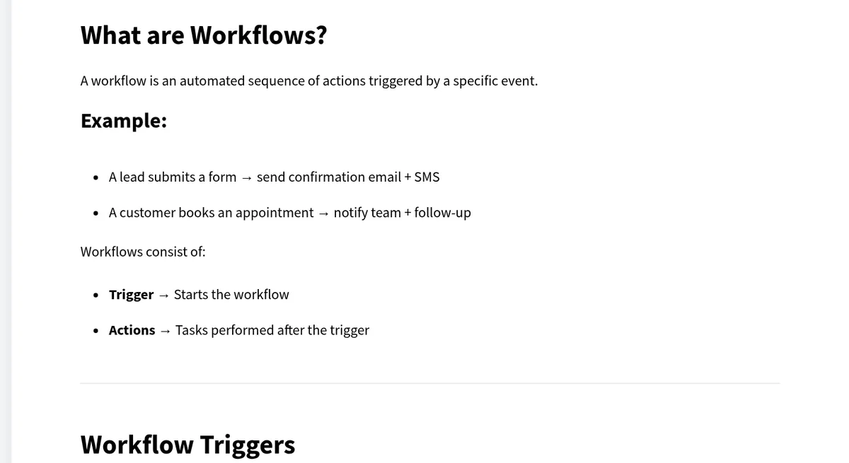 HighLevel help center: a workflow is an automated sequence of actions triggered by a specific event, like a form submission that sends an email and text