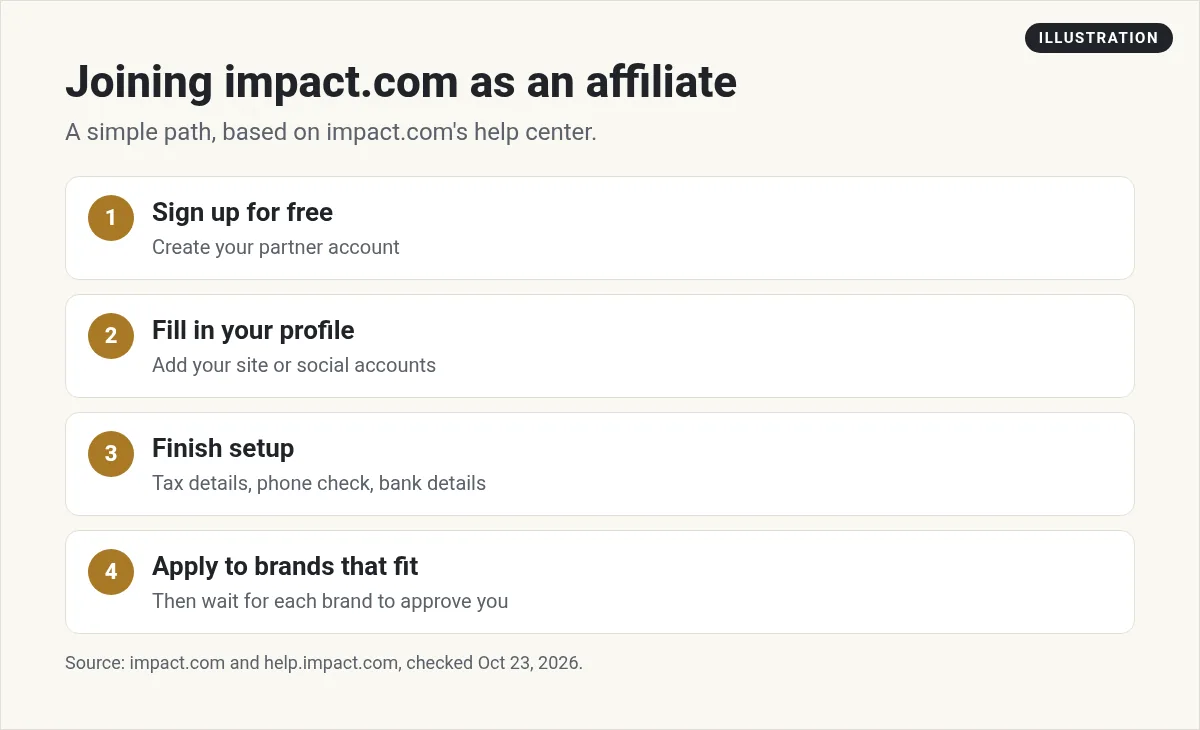Illustration: four steps to join impact.com: sign up free, fill in your profile, finish tax, phone, and bank setup, then apply to brands that fit