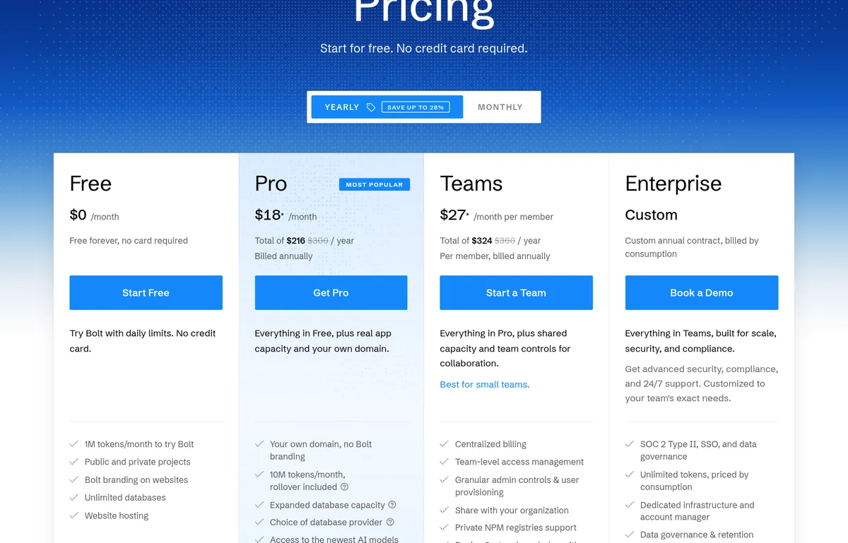 Bolt pricing page on yearly billing: Free $0, Pro $18 a month billed annually, Teams $27 per member, and Enterprise custom