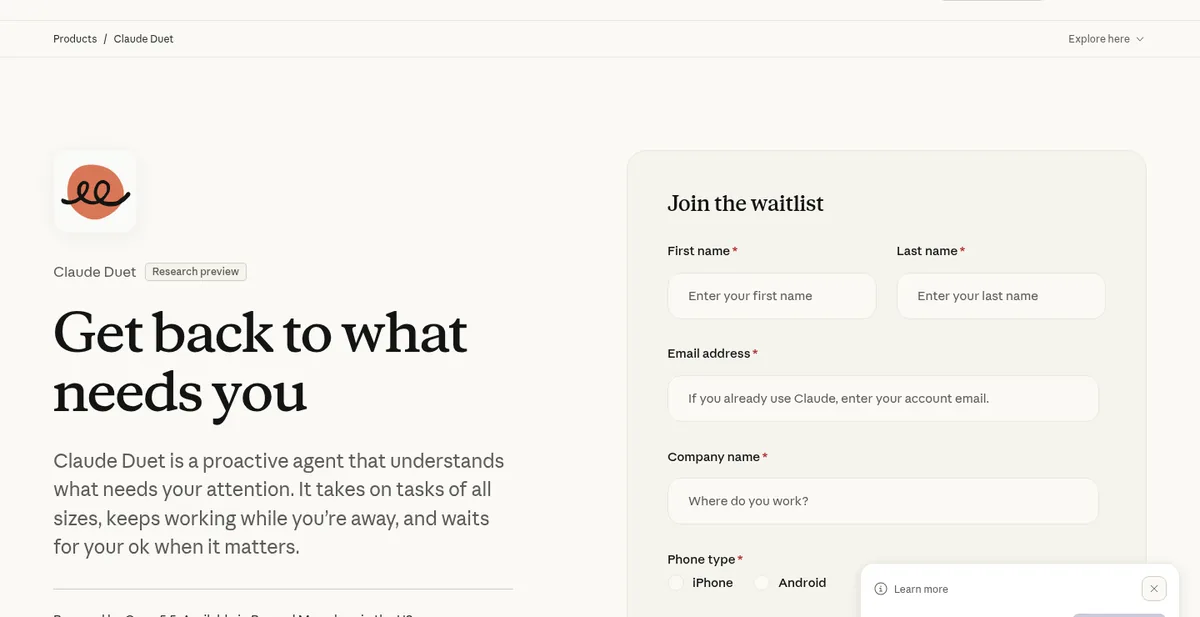 The Claude Duet product page: Get back to what needs you, next to a join the waitlist form