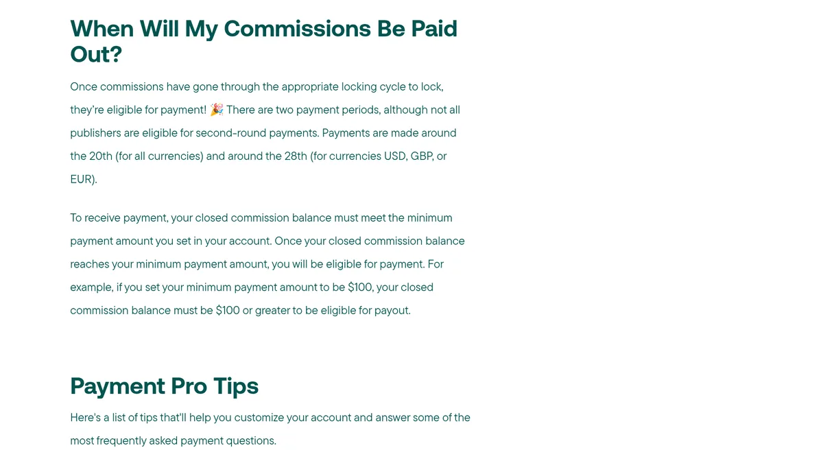 CJ article section When Will My Commissions Be Paid Out?, saying payments are made around the 20th for all currencies and around the 28th for USD, GBP, or EUR
