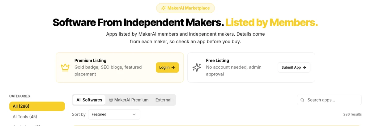 MakerAI Marketplace page showing the heading Software From Independent Makers, a Premium Listing option with Log In, a Free Listing option with Submit App, and 286 results