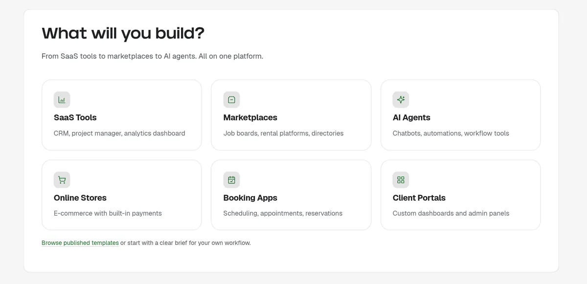 Overskill homepage section titled What will you build, listing SaaS tools, marketplaces, AI agents, online stores, booking apps, and client portals