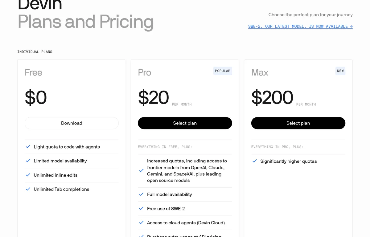 Devin pricing page: Free $0, Pro $20 a month, and Max $200 a month
