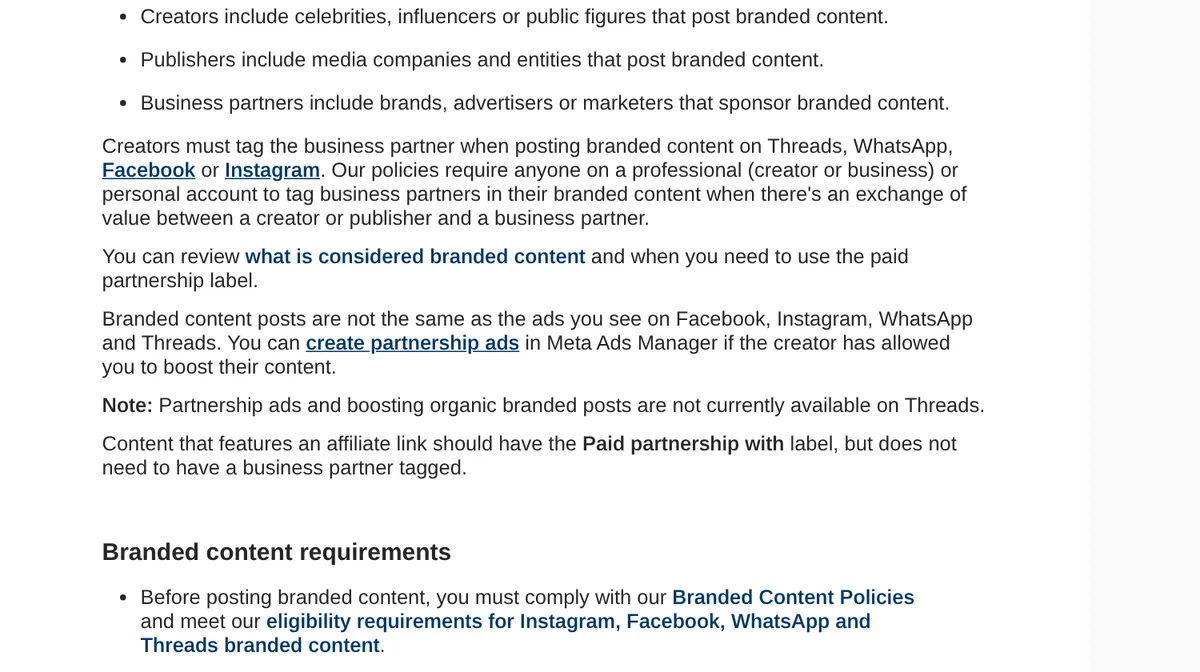 Instagram help page About branded content, with the line: content that features an affiliate link should have the Paid partnership with label, but does not need to have a business partner tagged
