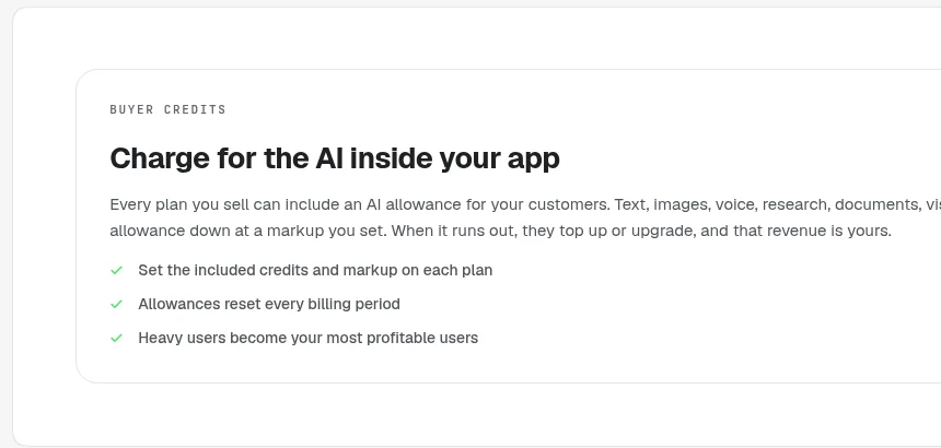 Overskill pricing page section titled Charge for the AI inside your app, describing buyer credits