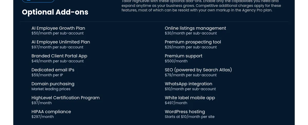 HighLevel pricing page list of optional add-ons with monthly prices, such as AI Employee plans, HIPAA compliance, and a white label mobile app