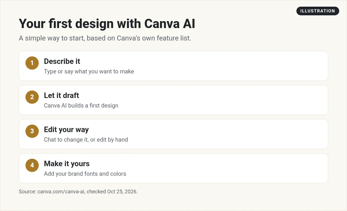 Illustration: four steps for a first Canva AI design: describe it, let it draft, edit your way, and make it yours