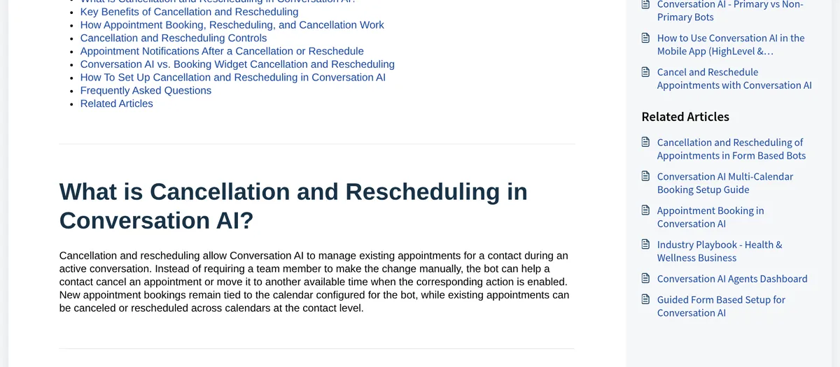 HighLevel help article: Cancel and Reschedule Appointments with Conversation AI