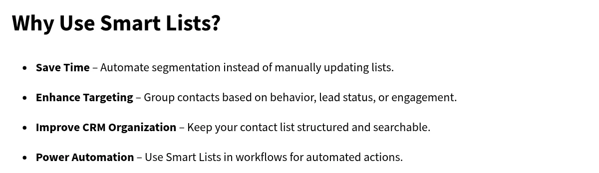 HighLevel help article listing why to use Smart Lists: save time, better targeting, CRM organization, and automation