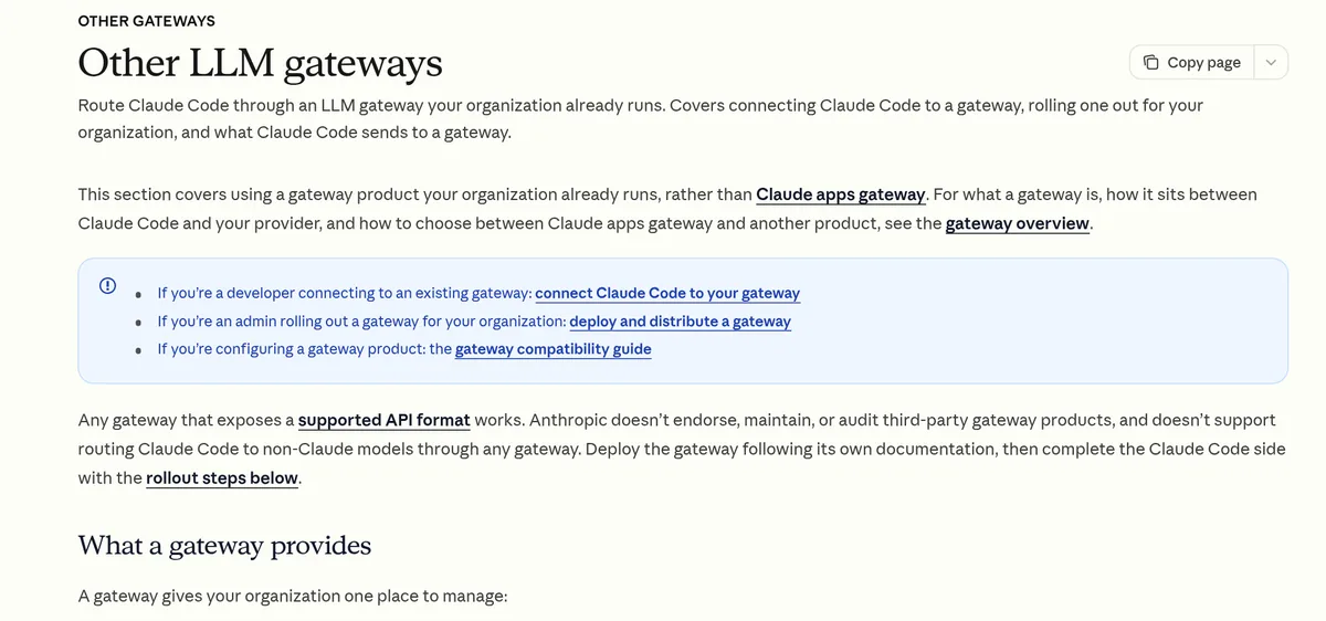 Claude Code docs page Other LLM gateways, saying Anthropic does not endorse, maintain, or audit third-party gateway products, and does not support routing Claude Code to non-Claude models