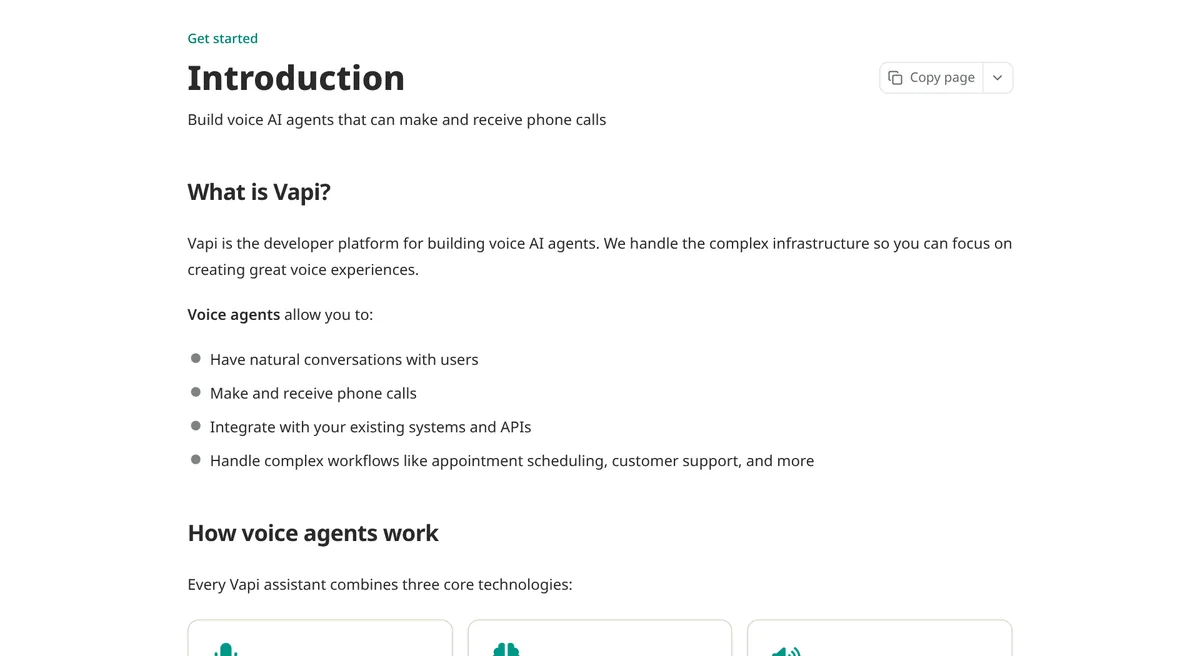 Vapi docs Introduction page: Build voice AI agents that can make and receive phone calls, with the What is Vapi? section and what voice agents can do