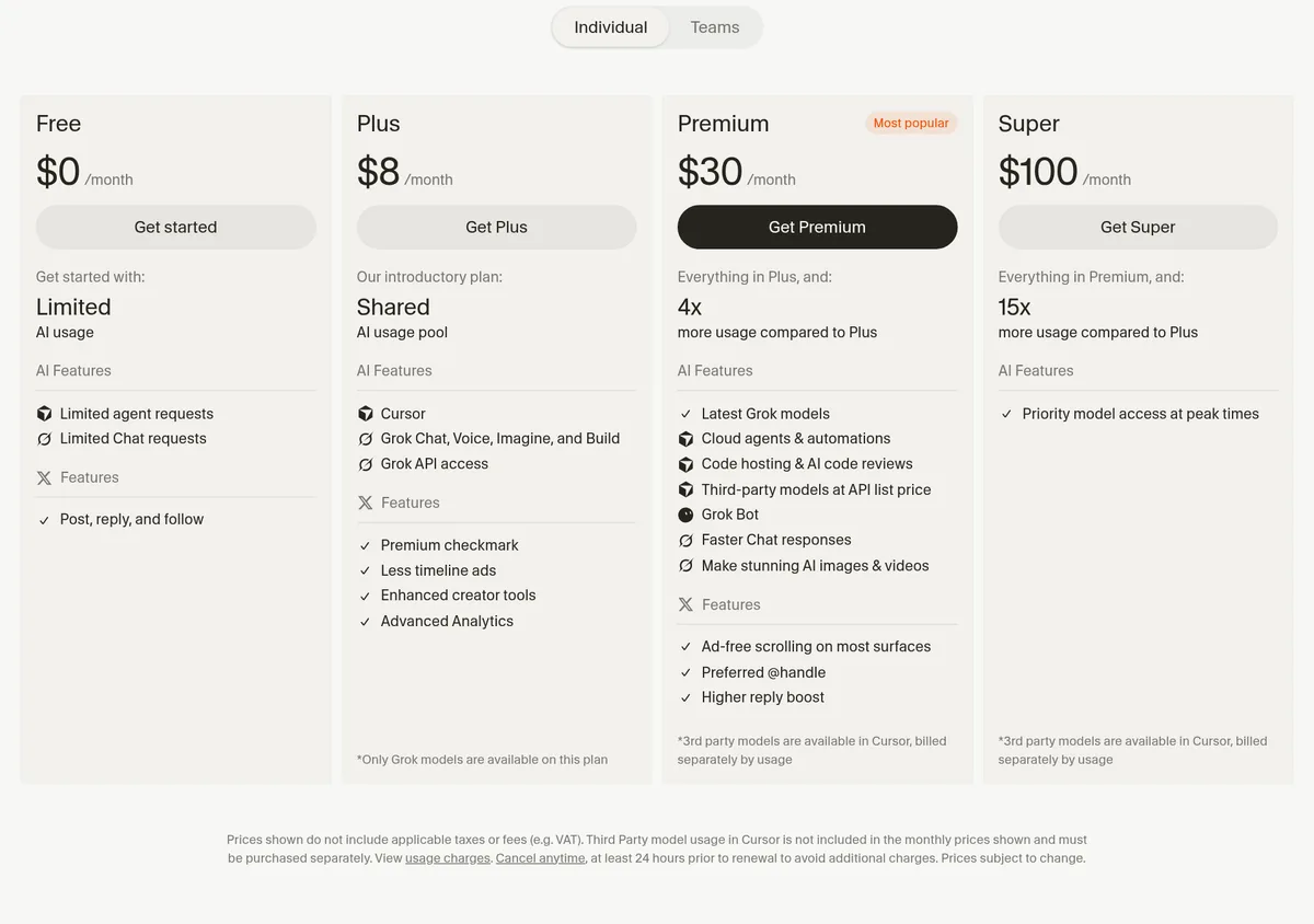 Cursor pricing page showing the Free, Plus at $8, Premium at $30, and Super at $100 monthly plans