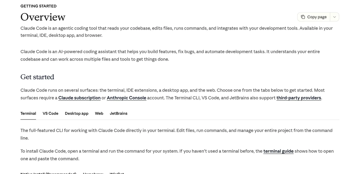 Claude Code docs overview page describing it as an agentic coding tool that works in the terminal, IDE, desktop app, and browser