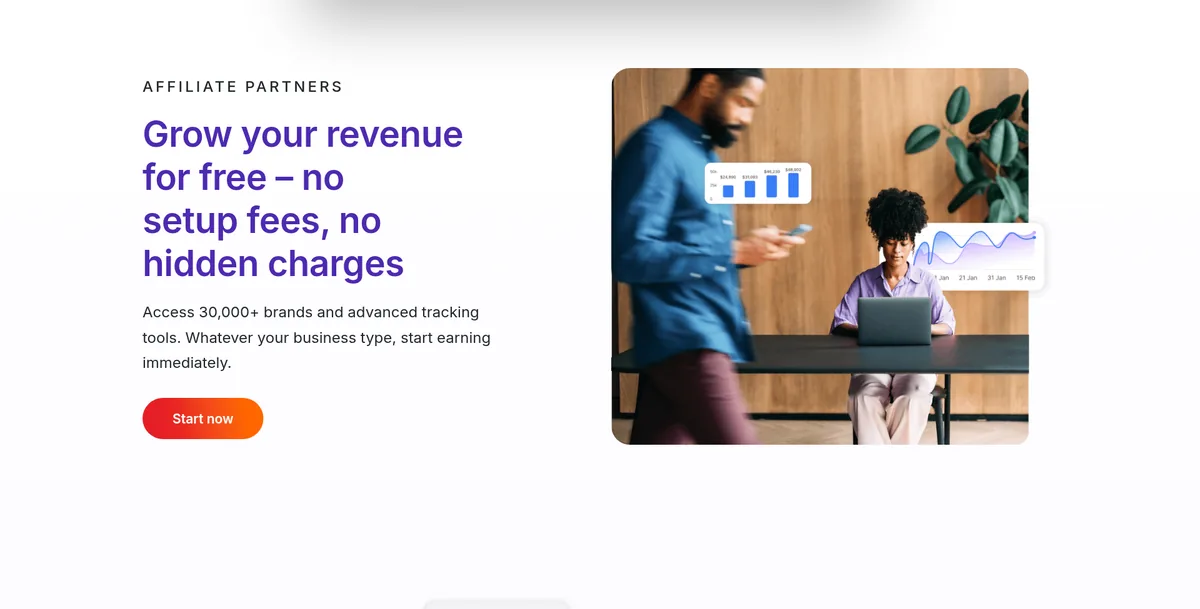 Awin affiliate partners pricing page: Grow your revenue for free, no setup fees, no hidden charges, with access to 30,000+ brands