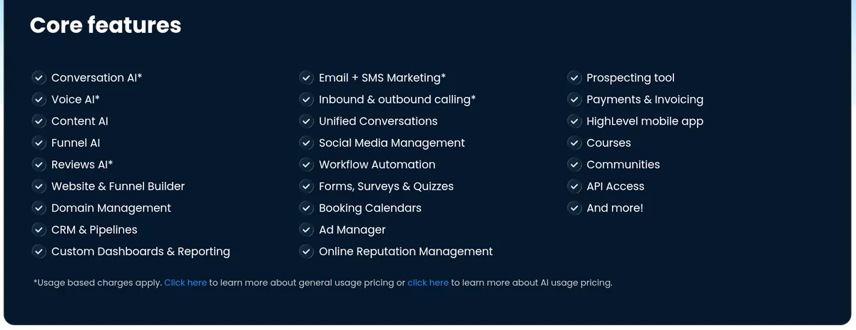 HighLevel pricing page Core features list, including CRM and Pipelines, Workflow Automation, Booking Calendars, Voice AI, Courses, and API Access
