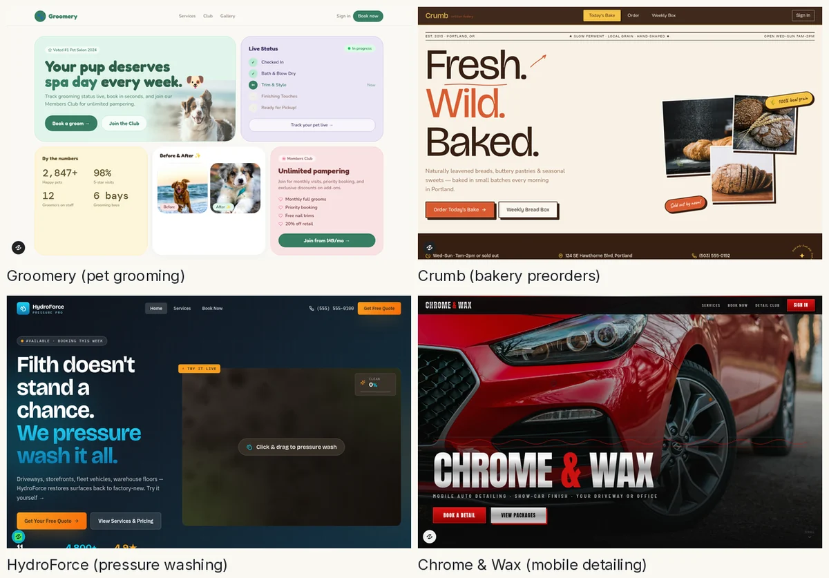 Four Overskill template previews: Groomery pet grooming, Crumb bakery, HydroForce pressure washing, and Chrome and Wax auto detailing