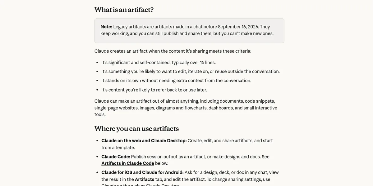 Claude help article section What is an artifact?, with the legacy artifacts note and the criteria, like typically over 15 lines