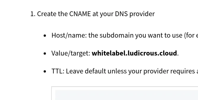 HighLevel help article step 1: create a CNAME record with host app pointing to whitelabel.ludicrous.cloud