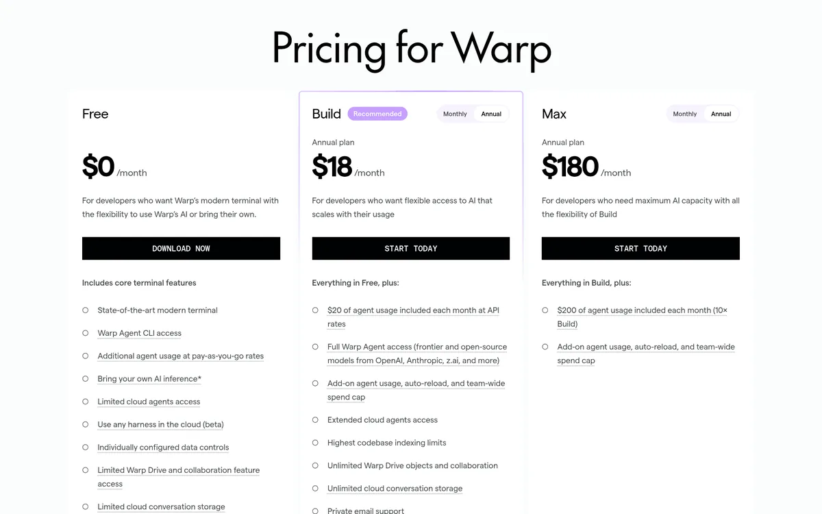 Warp pricing page with Annual selected: Free $0 a month, Build $18 a month, Max $180 a month, and Business $45 per user a month