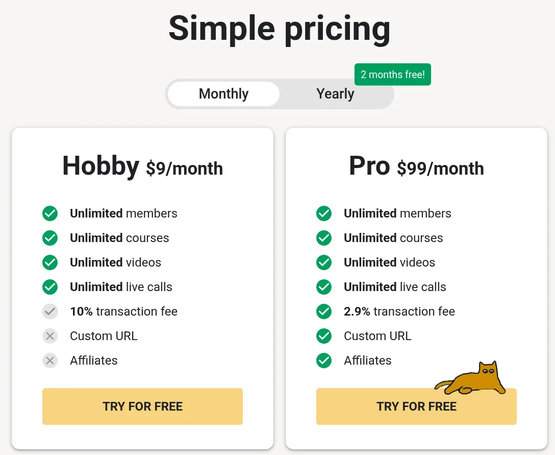 Skool pricing page: Hobby $9 a month with a 10% transaction fee and Pro $99 a month with a 2.9% transaction fee, custom URL, and affiliates