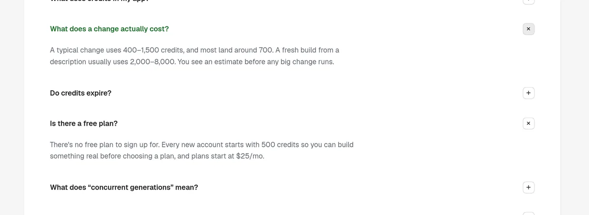 Overskill pricing FAQ answers: a typical change uses 400 to 1,500 credits, and there is no free plan but new accounts start with 500 credits