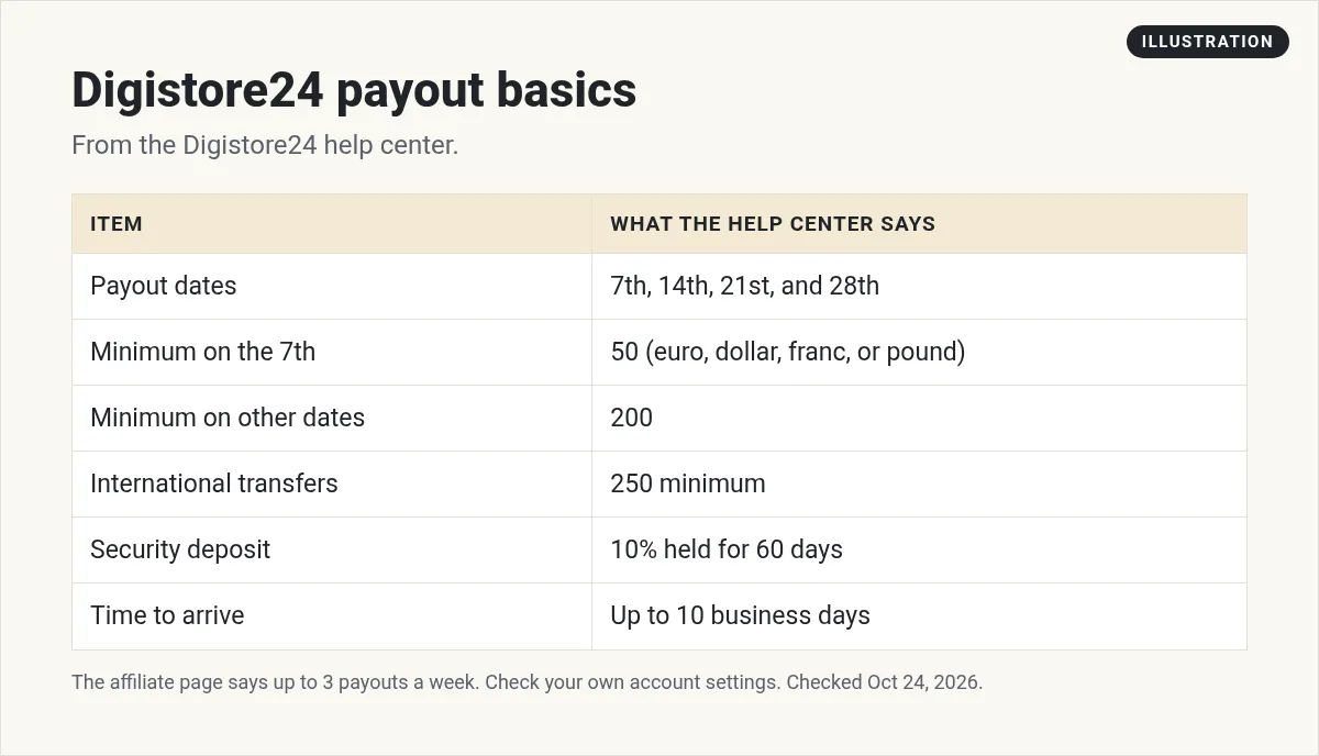 Illustration: table of Digistore24 payout basics: payout dates on the 7th, 14th, 21st, and 28th, minimums of 50 and 200, 250 for international transfers, and a 10% security deposit held 60 days