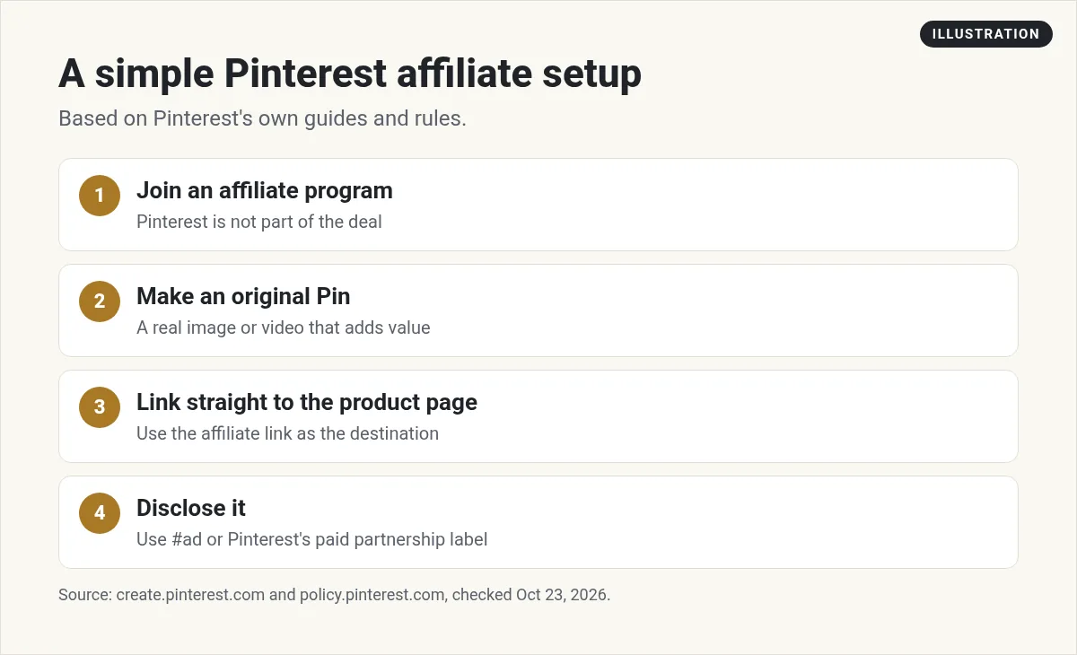 Illustration: four steps for Pinterest affiliate Pins: join an affiliate program, make an original Pin, link straight to the product page, disclose it