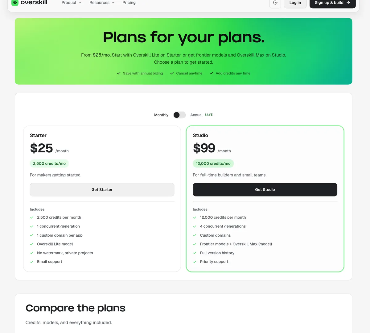 Overskill pricing page with the Starter plan at $25 a month and the Studio plan at $99 a month
