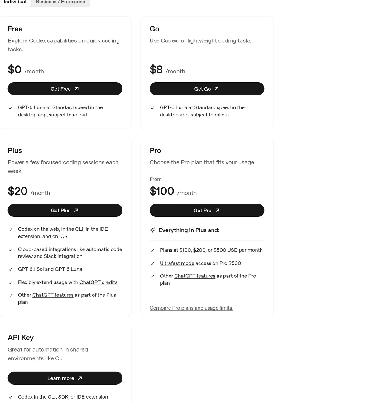 OpenAI Codex pricing cards for individuals: Free $0, Go $8, Plus $20, and Pro from $100 a month, plus an API Key option