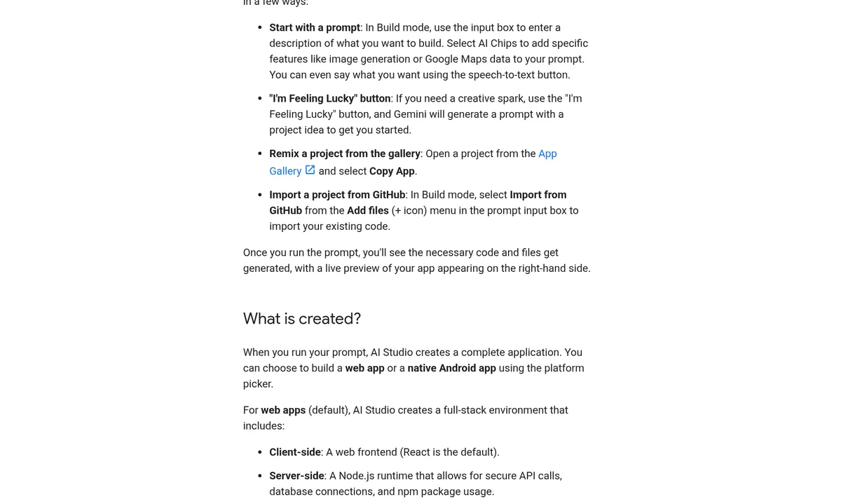 Google AI Studio docs page on Build mode, listing ways to start: with a prompt, the I am Feeling Lucky button, remixing a gallery app, or importing from GitHub, then the section What is created?