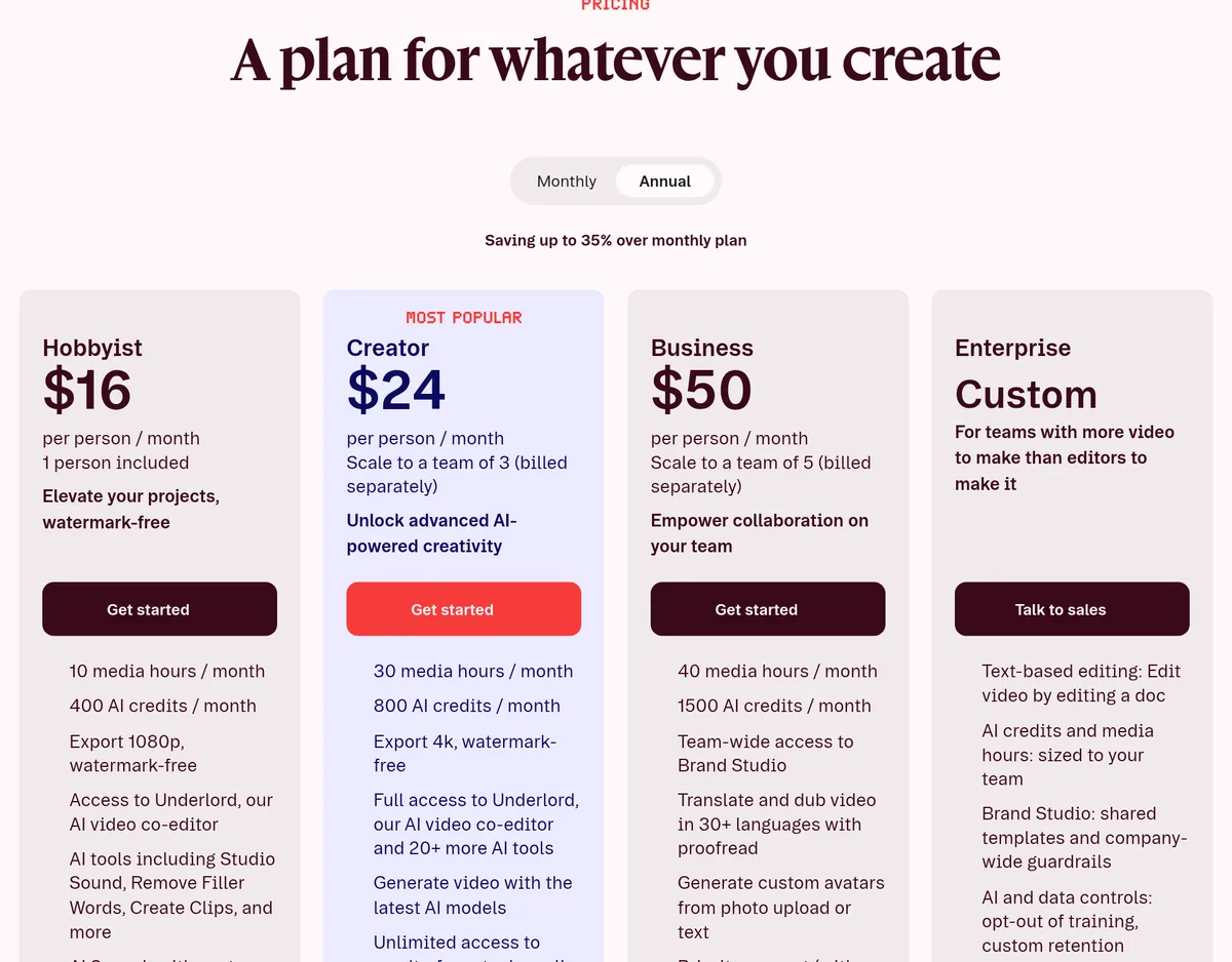 Descript pricing page with Annual selected: Hobbyist $16, Creator $24, and Business $50 per person per month, and Enterprise custom