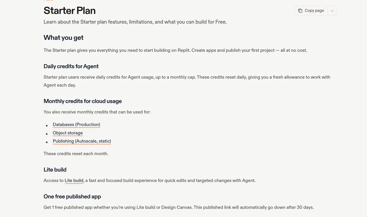 Replit docs page for the Starter plan showing daily Agent credits, Lite build, and one free published app