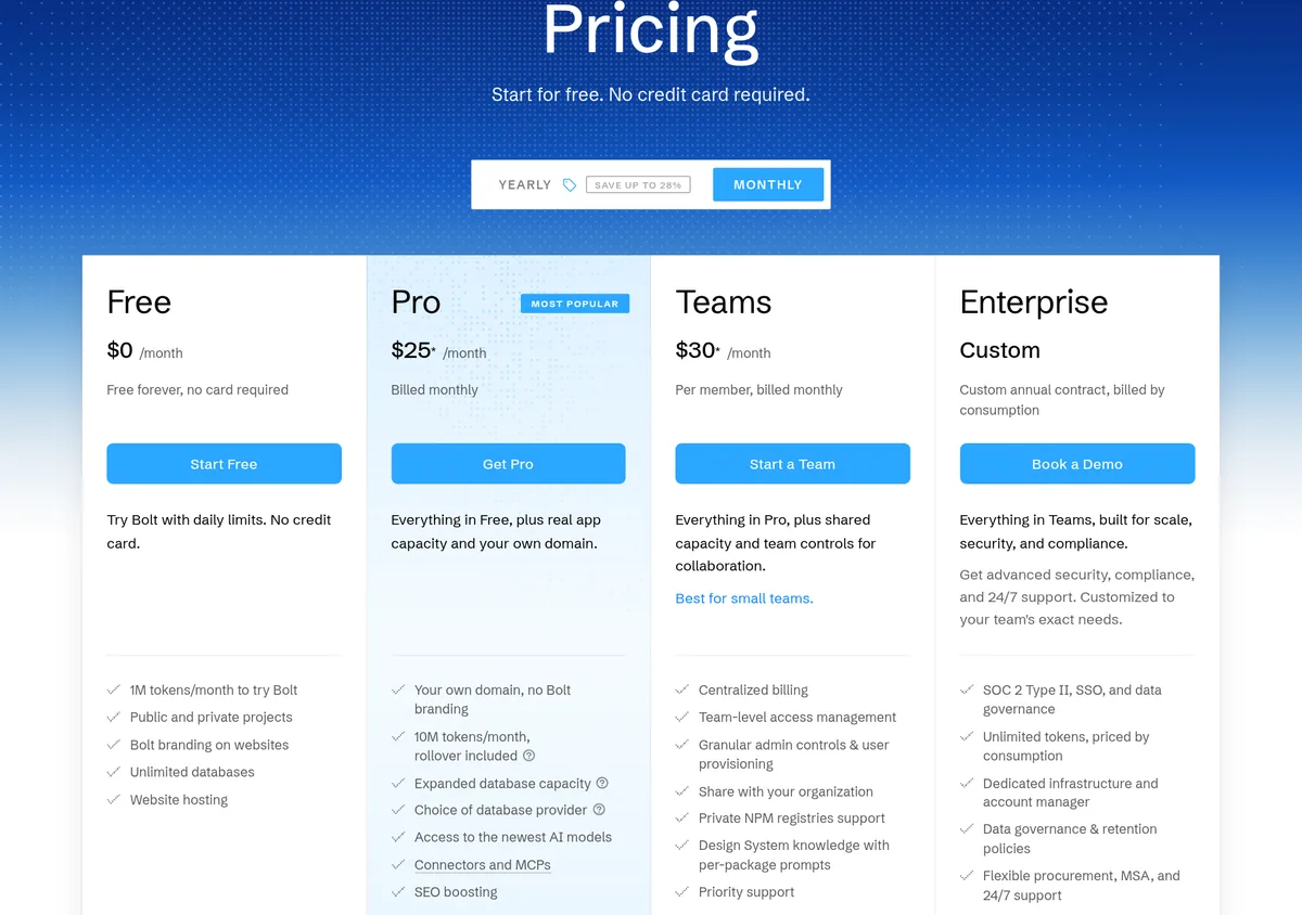 Bolt pricing page on Monthly: Free $0, Pro $25 a month, Teams $30 per member a month, and Enterprise custom
