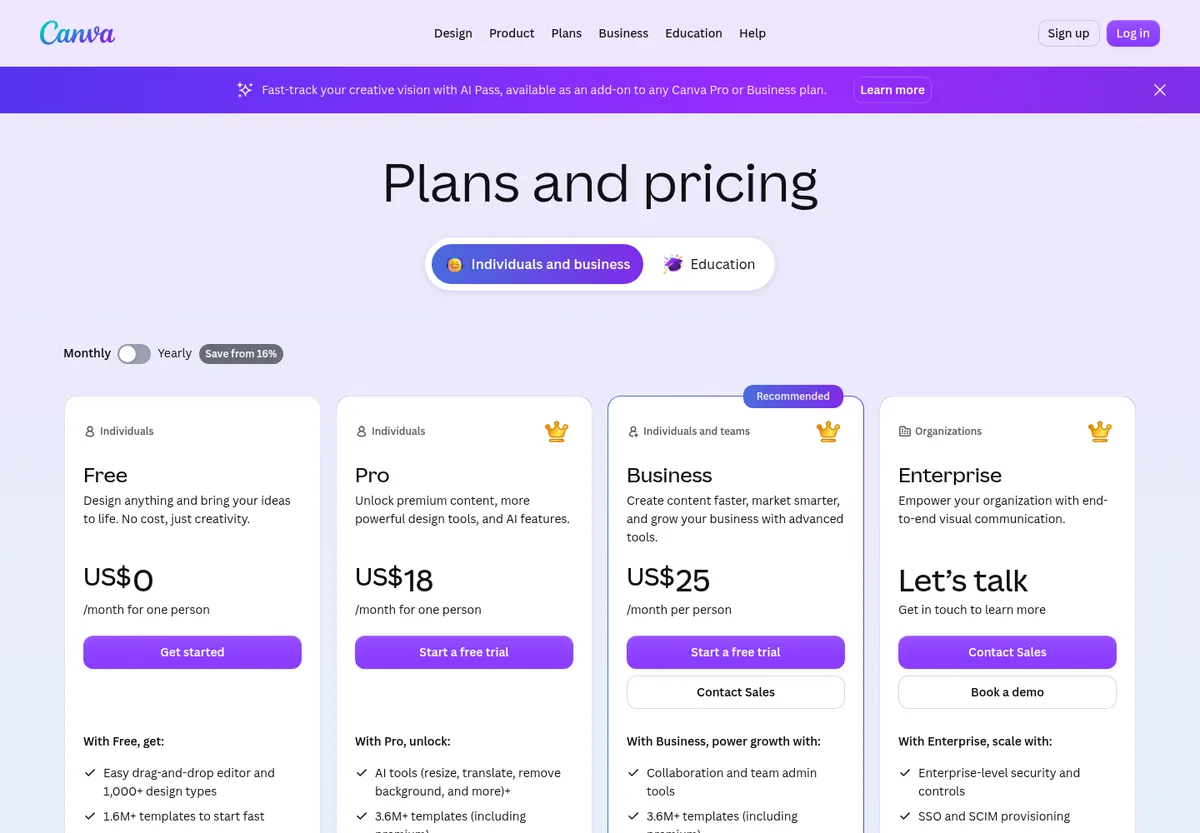 Canva pricing page with Monthly selected: Free US$0, Pro US$18 a month for one person, Business US$25 a month per person, and Enterprise, let's talk