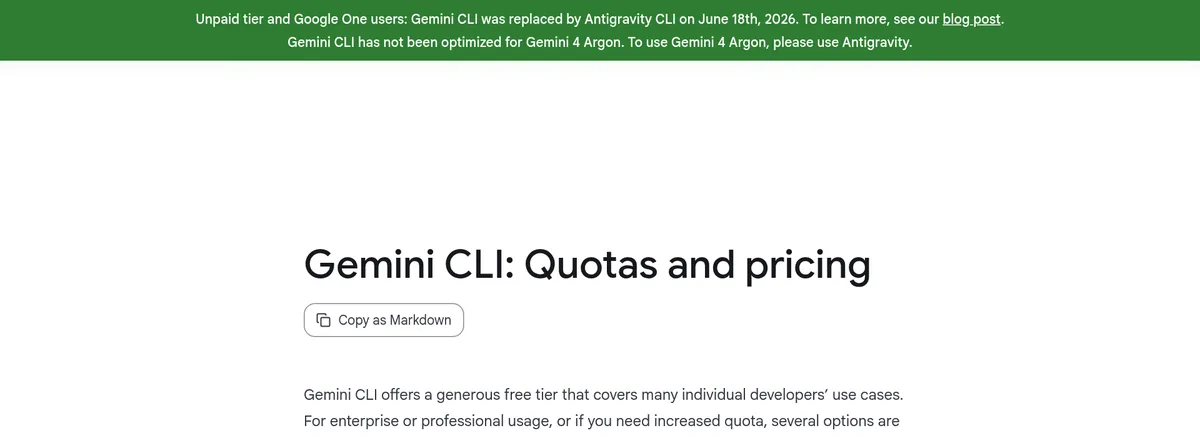 Gemini CLI docs banner: unpaid tier and Google One users, Gemini CLI was replaced by Antigravity CLI on June 18th, 2026