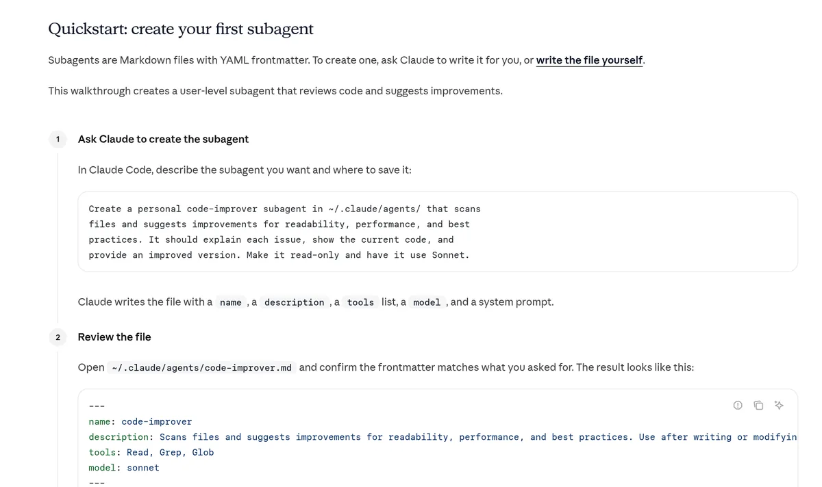 Claude Code docs quickstart: ask Claude to create a code-improver subagent, then review the file with its name, description, tools, and model