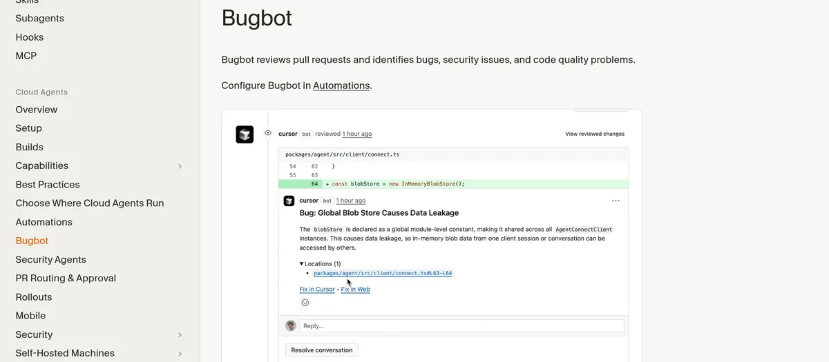 Cursor docs page for Bugbot, which reviews pull requests for bugs, security issues, and code quality problems
